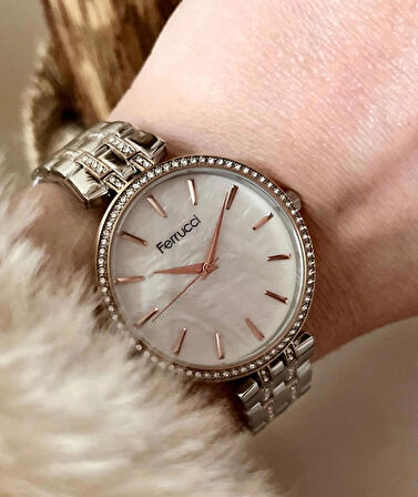 Ferrucci Silver&Rose Çelik Taşlı Kadın Kol Saat+Çelik Kolye Hediye