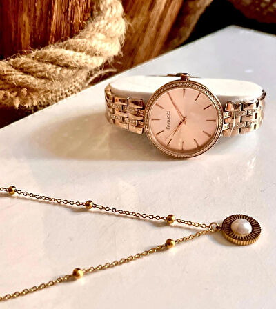 Rosegold Çelik Şık Klasik Kadın Kol Saati+%100 Çelik Kolye Hediyeli