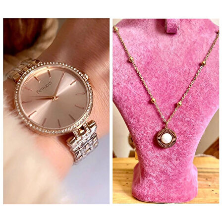 Rosegold Çelik Şık Klasik Kadın Kol Saati+%100 Çelik Kolye Hediyeli