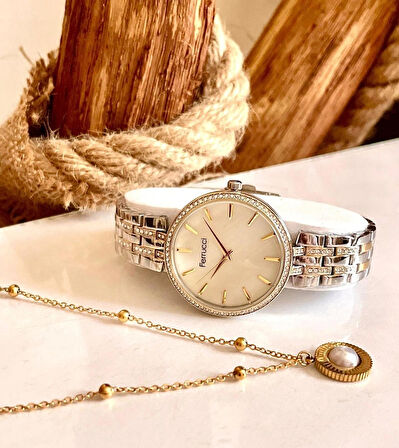 Ferrucci Silver&Gold Çelik Kordon Klasik Şık Kadın Kol Saat+Çelik Kolye Hediyeli