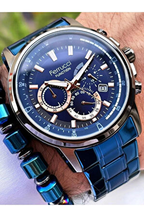 Ferrucci Lacivert Renk Fonsiyonlu&Takvimli Çelik Erkek Kol Saati