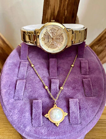Ferrucci Gold Çelik Kadın Kol Saati+%100 Çelik İncili Kolye Hediye