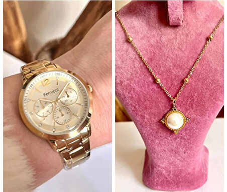 Ferrucci Gold Çelik Kadın Kol Saati+%100 Çelik İncili Kolye Hediye