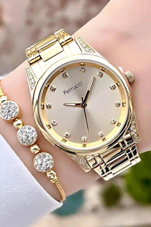 Ferrucci Çelik Zirkon Taşlı Gold Renk Kadın Kol Saati+Bileklik