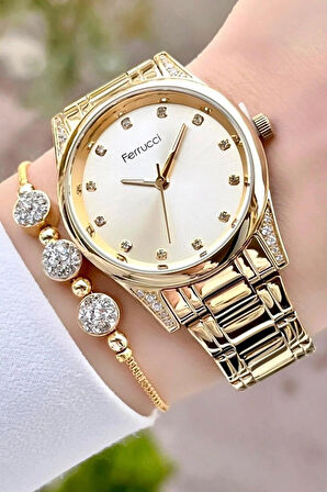Ferrucci Çelik Zirkon Taşlı Gold Renk Kadın Kol Saati+Bileklik