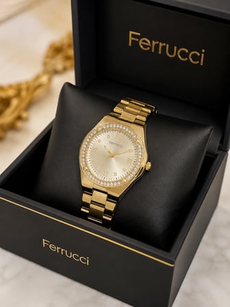 Ferrucci Altın Renk Taşlı Kasa Çelik Kordon ve Kasa Kadın Kol Saati