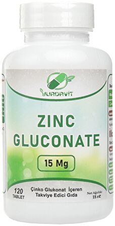 Yurdavit Çinko Glukonat 15 Mg Zinc Gluconate 2x120 Tablet 