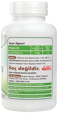 Yurdavit Zinc Gluconate 120 Tablet Çinko Glukonat