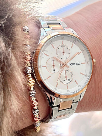 Ferrucci Silver&Rose Çelik Taşlı Şık Kadın Kol Saat+Bileklik Hediye