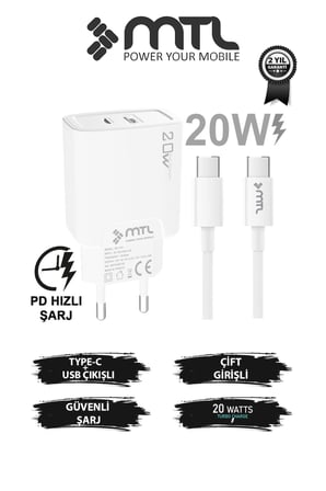 20W Ultra Hızlı Çift Çıkış Type-C + USB Adaptör + Type-C to Type-C Kablo Şarj Seti MT1751