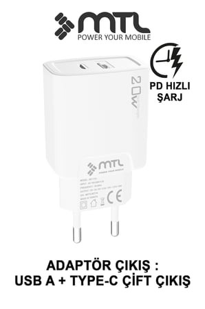 20W Ultra Hızlı Çift Çıkış Type-C + USB Adaptör + Type-C to Type-C Kablo Şarj Seti MT1751
