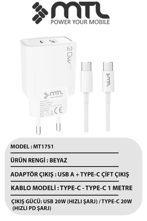 20W Ultra Hızlı Çift Çıkış Type-C + USB Adaptör + Type-C to Type-C Kablo Şarj Seti MT1751