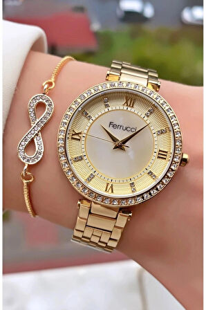 Ferrucci Zirkon Taşlı Altın Renk Çelik Şık Kadın Kol Saati 2 Yıl Garantili 