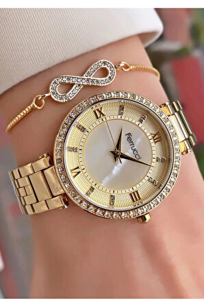 Ferrucci Zirkon Taşlı Altın Renk Çelik Şık Kadın Kol Saati 2 Yıl Garantili 