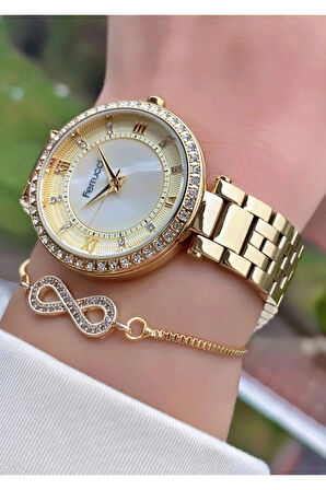Ferrucci Zirkon Taşlı Altın Renk Çelik Şık Kadın Kol Saati 2 Yıl Garantili 
