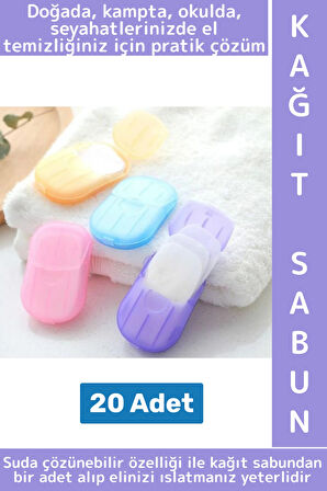 Seyahat Tipi Kamp Outdoor Okul Ofis Hafif Suda Kolay Çözünen Sabunluk Tasarımlı Kağıt Sabun 20 Adet
