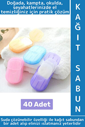 Seyahat Tipi Kamp Outdoor Okul Ofis Hafif Suda Kolay Çözünen Sabunluk Tasarımlı Kağıt Sabun 40 Adet