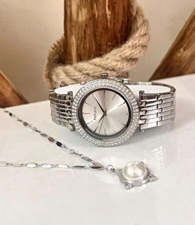Silver Çelik Büyük Kasalı Kadın Kol Saati+%100 Çelik Kolye Hediyeli