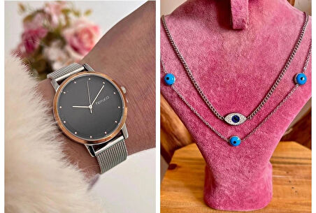 Ferrucci Ayarlanailir Hasır Kordon Çelik Kadın Kol Saati+%100 Çelik Kolye Hediyeli