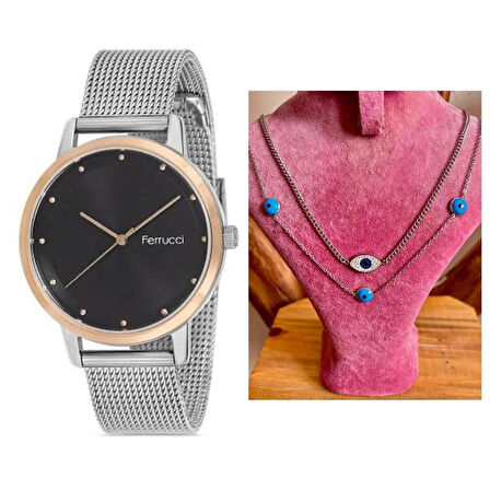 Ferrucci Ayarlanailir Hasır Kordon Çelik Kadın Kol Saati+%100 Çelik Kolye Hediyeli