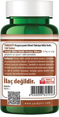 Yurdavit Magnesium Citrate 500 Mg Magnezyum Sitrat 3x120 Tablet 