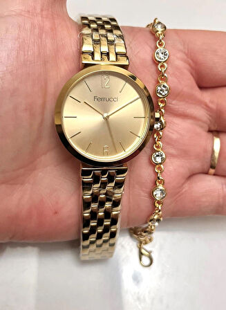 Ferrucci Gold Çelik Klasik Model Kadın Kol Saat+Bileklik Hediyeli