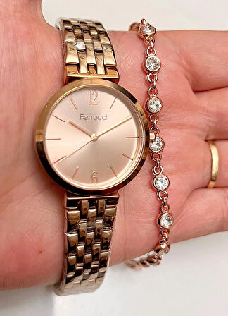Ferrucci Rose Çelik Klasik Model Kadın Kol Saat+Bileklik Hediyeli