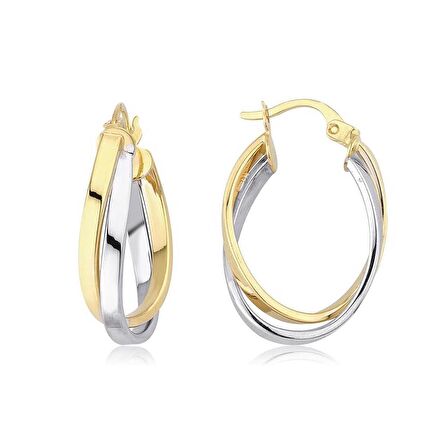  Çift Renk Oval Altın Halka Küpe (Çapı: 1.6x2.5cm) 