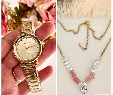 Ferrucci Gold Renk Çelik Kristal Kadranlı Kadın Kol Saati+İincili %100 Çelik Kolye Hediye
