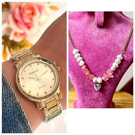 Ferrucci Gold Renk Çelik Kristal Kadranlı Kadın Kol Saati+İincili %100 Çelik Kolye Hediye