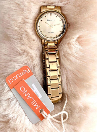 Ferrucci Gold Renk Çelik Kristal Kadranlı Kadın Kol Saati+İincili %100 Çelik Kolye Hediye