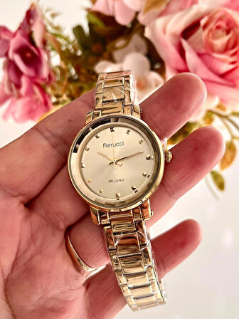 Ferrucci Gold Renk Çelik Kristal Kadranlı Kadın Kol Saati+İincili %100 Çelik Kolye Hediye