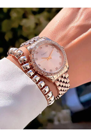 Ferrucci Rose Zirkon Taşlı Jübile Kordon Çelik Kadın Kol Saat+Bileklik