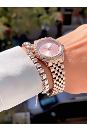 Ferrucci Rose Zirkon Taşlı Jübile Kordon Çelik Kadın Kol Saat+Bileklik
