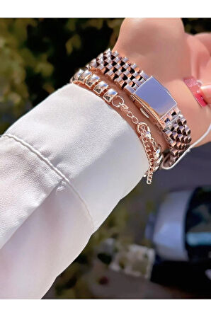Ferrucci Rose Zirkon Taşlı Jübile Kordon Çelik Kadın Kol Saat+Bileklik