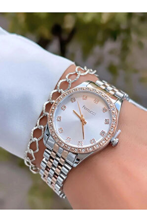 Ferrucci Gümüş&Rose Zirkon Taşlı Jübile Kordon Çelik Kadın Kol Saat+Bileklik