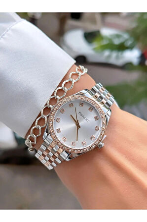Ferrucci Gümüş&Rose Zirkon Taşlı Jübile Kordon Çelik Kadın Kol Saat+Bileklik