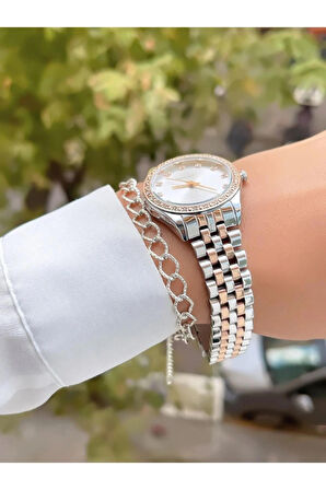 Ferrucci Gümüş&Rose Zirkon Taşlı Jübile Kordon Çelik Kadın Kol Saat+Bileklik