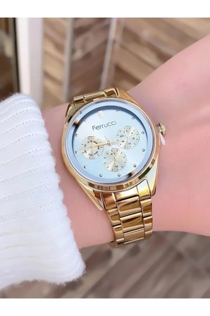 Ferrucci Kadın Kol Saati Altın Renk Yuvarlak Kasa Çelik Kordon 33 MM Mineral Cam Pilli Mekanizma 3 ATM Su Geçirmezlik