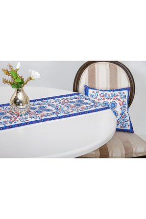 Çini Pamuk Duck Baskılı Kumaş Krem Mavi Runner Kırlent Seti 3 Parça 40X145 Cm 54