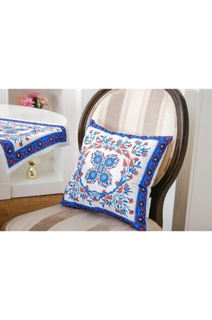 Çini Pamuk Duck Baskılı Kumaş Krem Mavi Runner Kırlent Seti 3 Parça 40X145 Cm 54