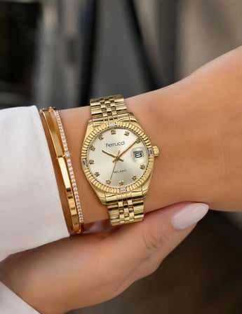 Ferrucci Kadın Kol Saati Gold Çelik 33 mm Taşlı Takvimli