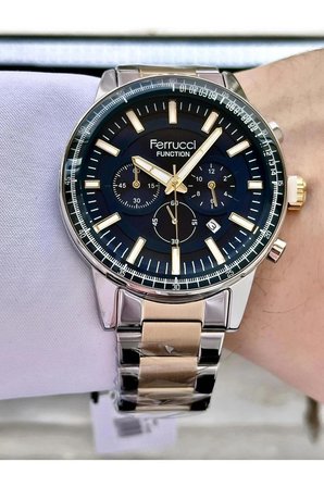 Ferrucci Erkek Kol Saati Çelik Kordon 45 mm Lacivert Kadran Altın Rengi Çelik Kasa Mineral Cam Analog Pilli Su Geçirmezlik 3 ATM