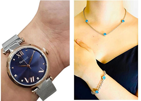 Ferrucci Hasır Kordon Çelik Kadın Kol Saati+Nazarlıklı Set Hediye