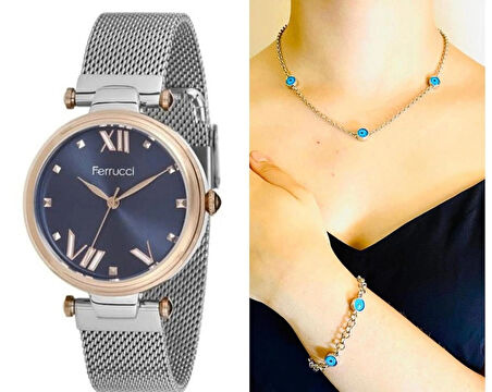 Ferrucci Hasır Kordon Çelik Kadın Kol Saati+Nazarlıklı Set Hediye
