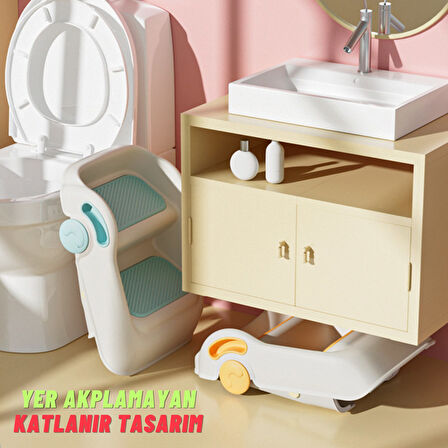 Çocuk Taburesi Katlanabilir Kaymaz İki Basamaklı Merdiven Çocuk Banyo Tuvalet Lavabo Yükseltici Mavi