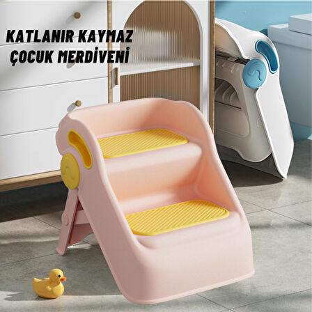 Çocuk Taburesi Katlanabilir Kaymaz İki Basamaklı Merdiven Çocuk Banyo Tuvalet Lavabo Yükseltici Pemb