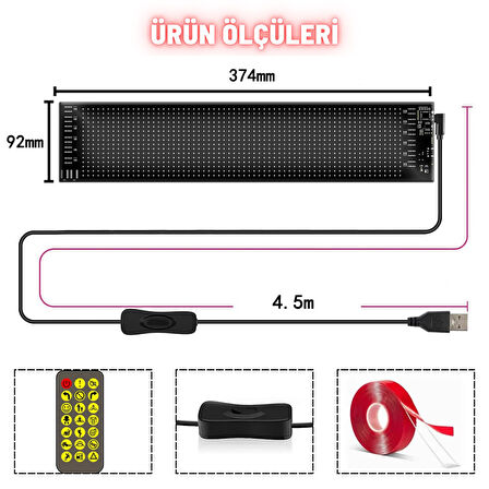 Rgb Led Matrix Panel Dijital Ekran  37X9 CM App Kontrollü Kumandalı 16x64 Led Animasyon Kayan Ekran