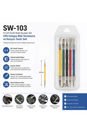 5'li Çift Taraflı Metal Spudger CPU Entegre BGA Temizleme Ve Kazıyıcı Tamir Seti SW-103 - 16.5 cm