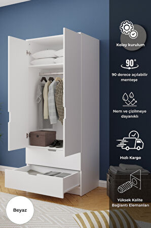 Lento 2 Kapaklı 1 Askılı 2 Çekmeceli Gardırop Beyaz